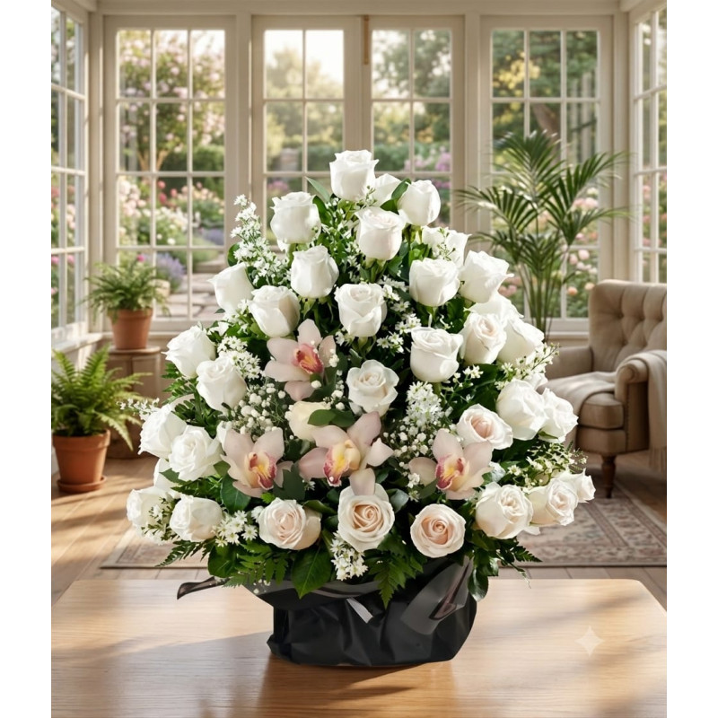 RAMO FUNEBRE CON ROSAS Y ORQUIDEAS