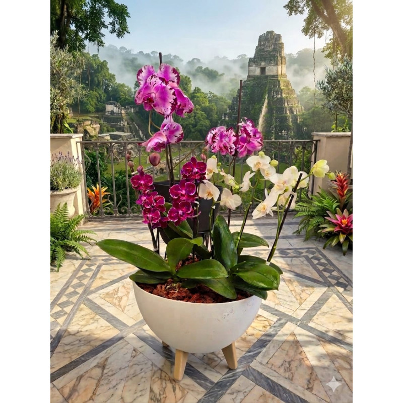 Arreglo de Orquideas en Matera de concreto con patas en madera